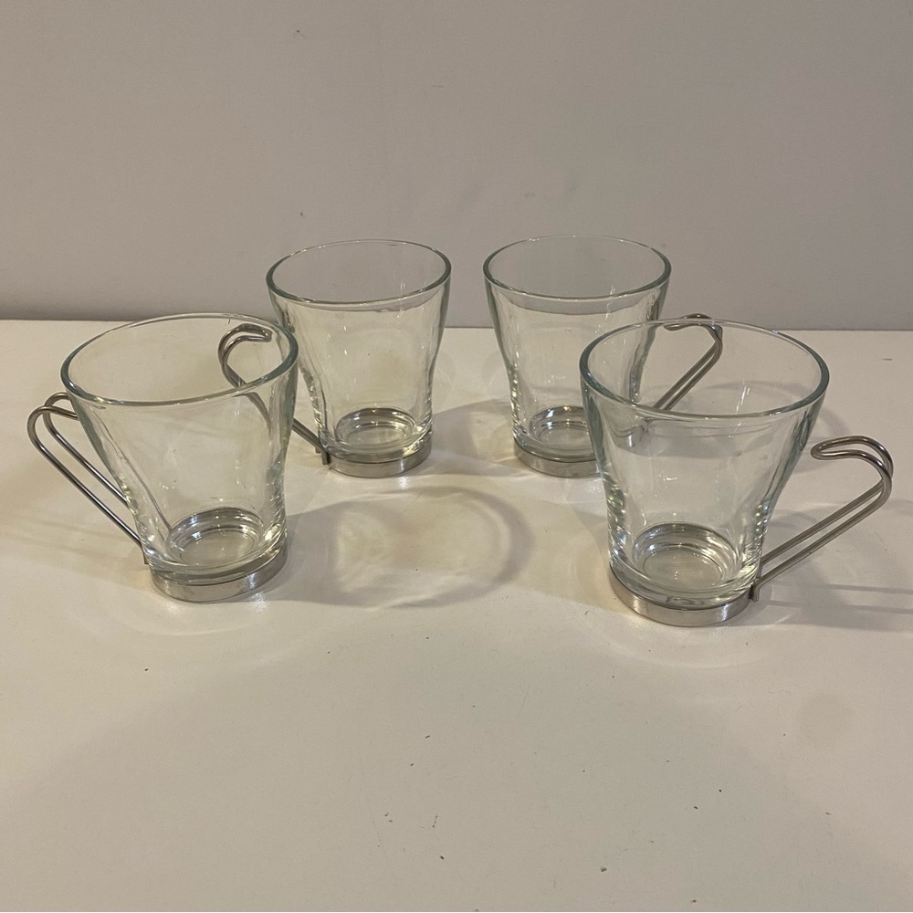 Set of 4 Vintage 1950's VITROSAX Cappuccino Clear Glass Cup Silver Handle Italy